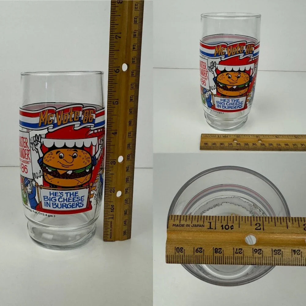 Vtg 1986 McDonalds Mc Vote Clear Drinking Glass‎ Thin Cheese Burger Collectible